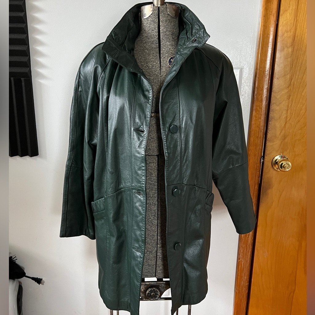 Forest Green Long Genuine Leather Coat By Pelle